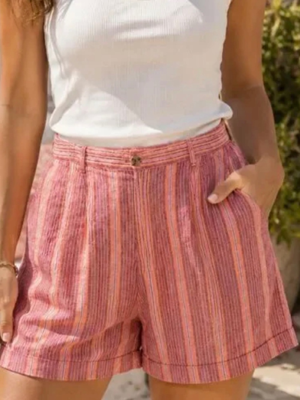 J.Jill Love Linen Striped Pink & Peach Linen Bermuda Shorts with Pockets